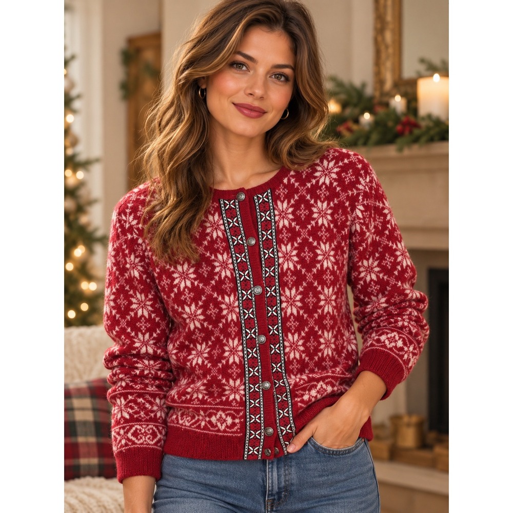 Talbots Wool Nordic Cardigan Sweater Womens Medium Red Snowflake Button Winter